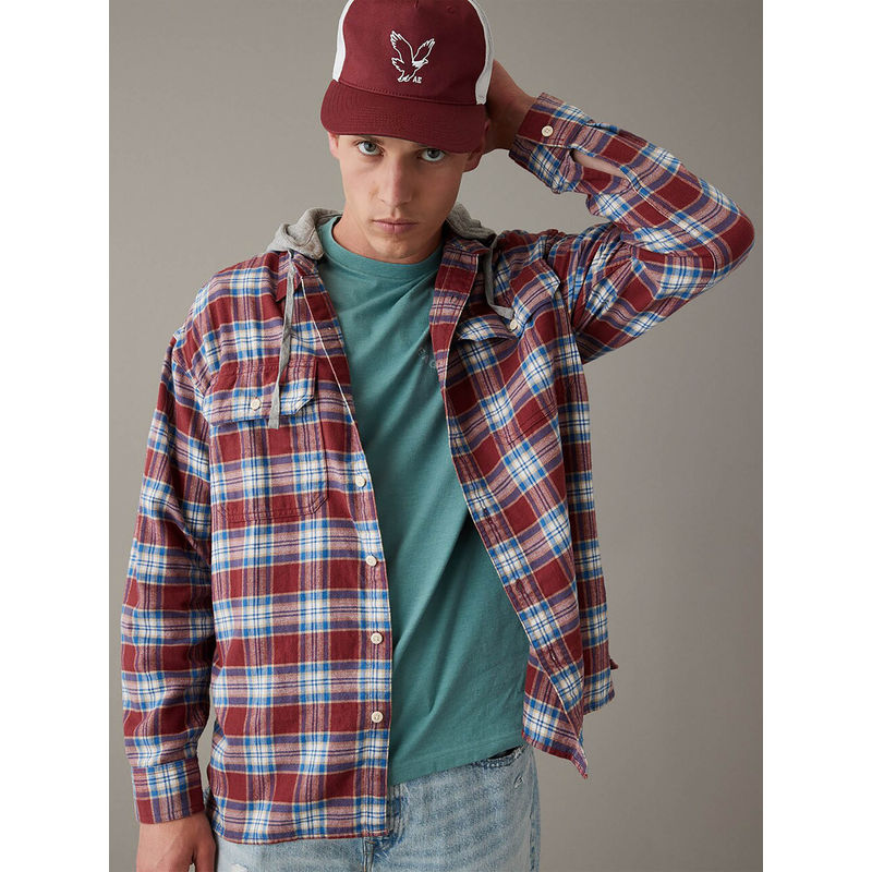 American Eagle Men Red Super Soft Hooded Flannel Shirt (M)
