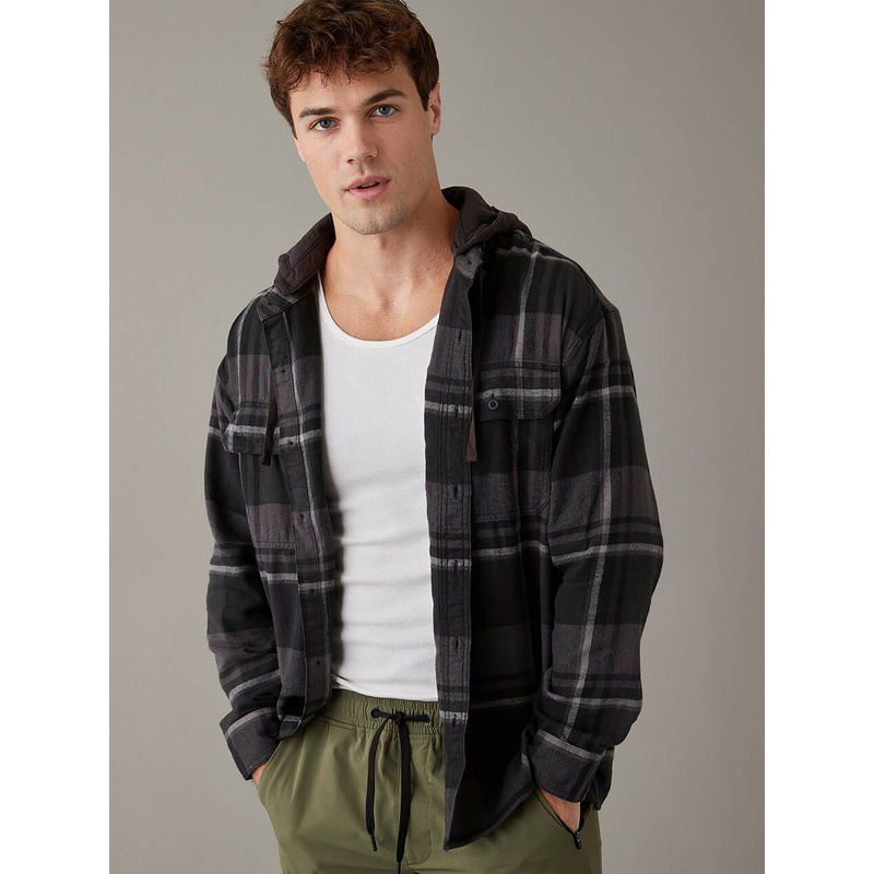 American Eagle Men Black Super Soft Hooded Flannel Shirt (M)