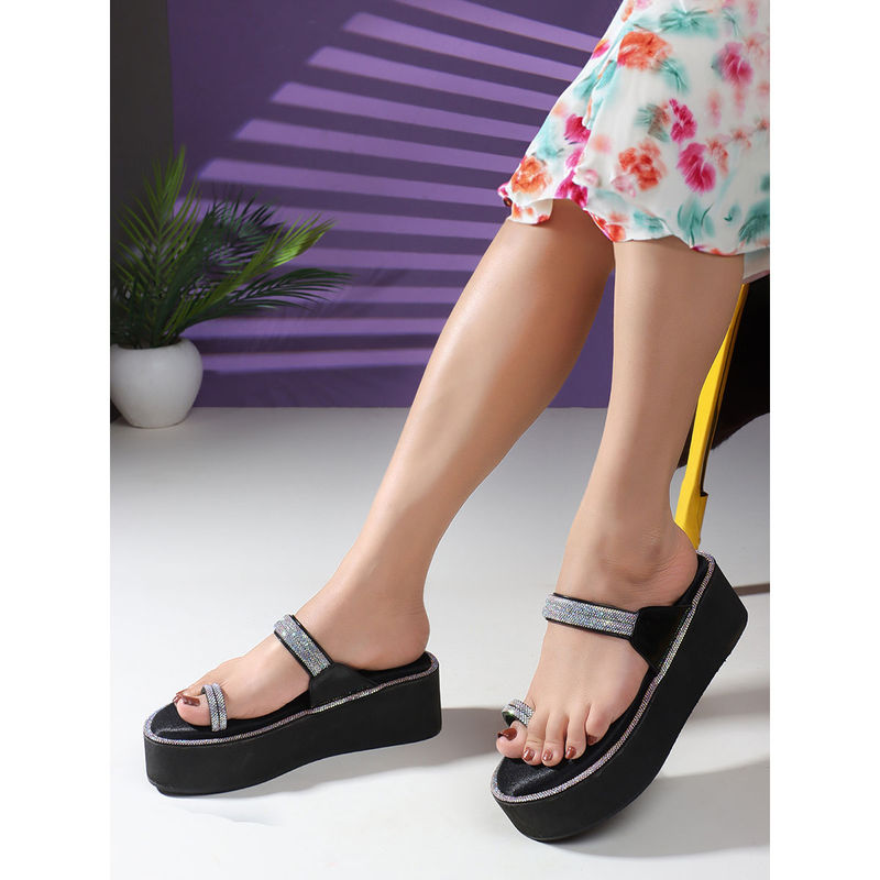 Carlton London Black Solid Open Back Platform Sandal Heels (EURO 38)