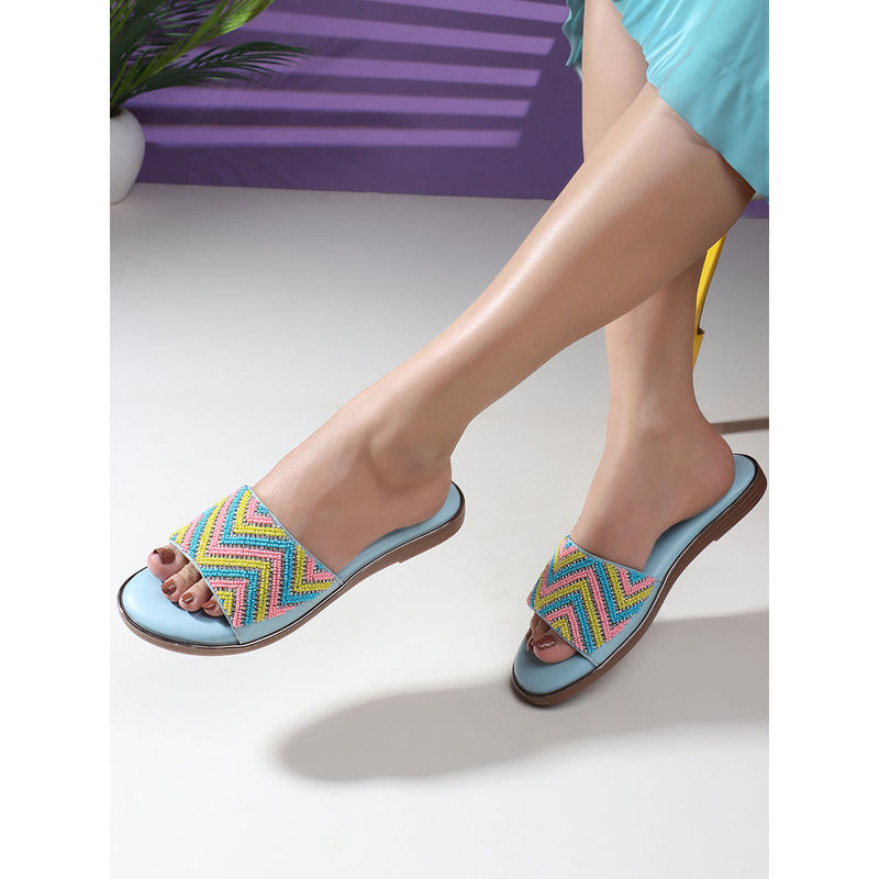 Carlton London Sky Blue Embellished Slip-On Party Wear Open Toe Flats (EURO 38)