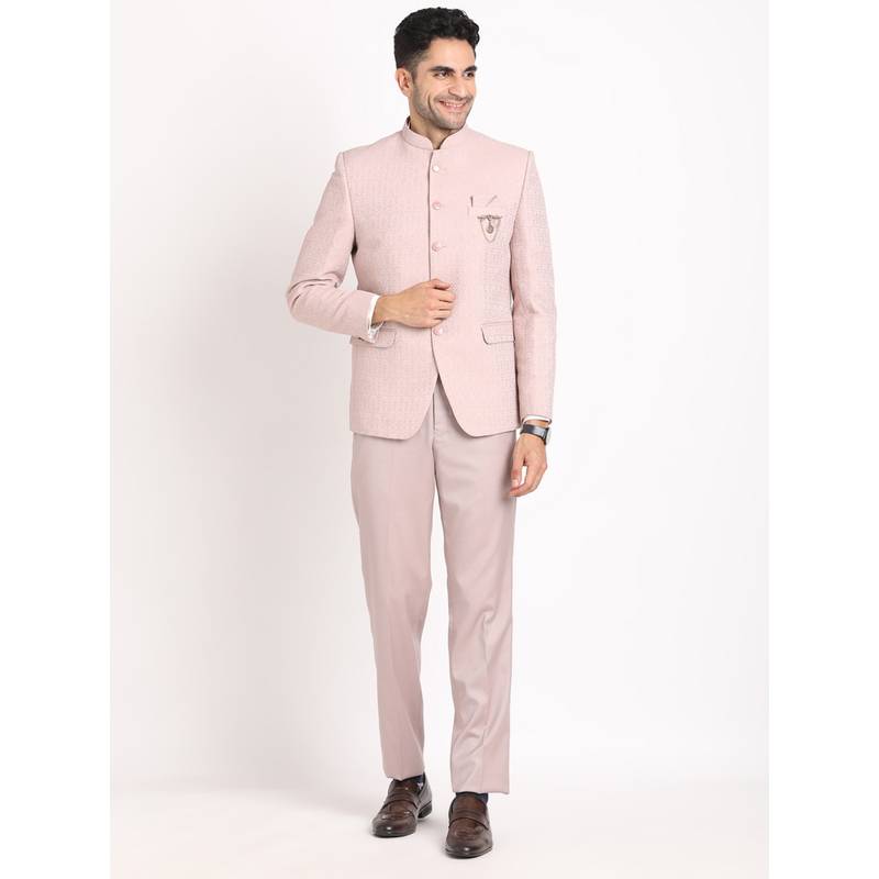 Turtle Men Terry Rayon Jacquard Light Pink Bandhgala Suit Blazer with Trouser (Set of 2) (36)