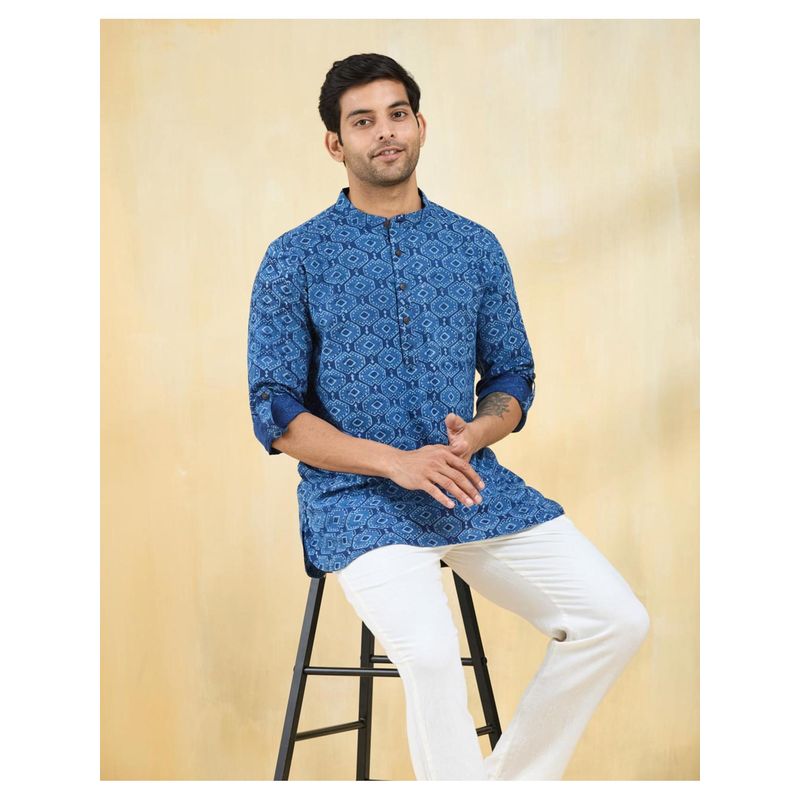 Fabindia Indigo Cotton Dabu Printed Slim Fit Short Kurta (XS)