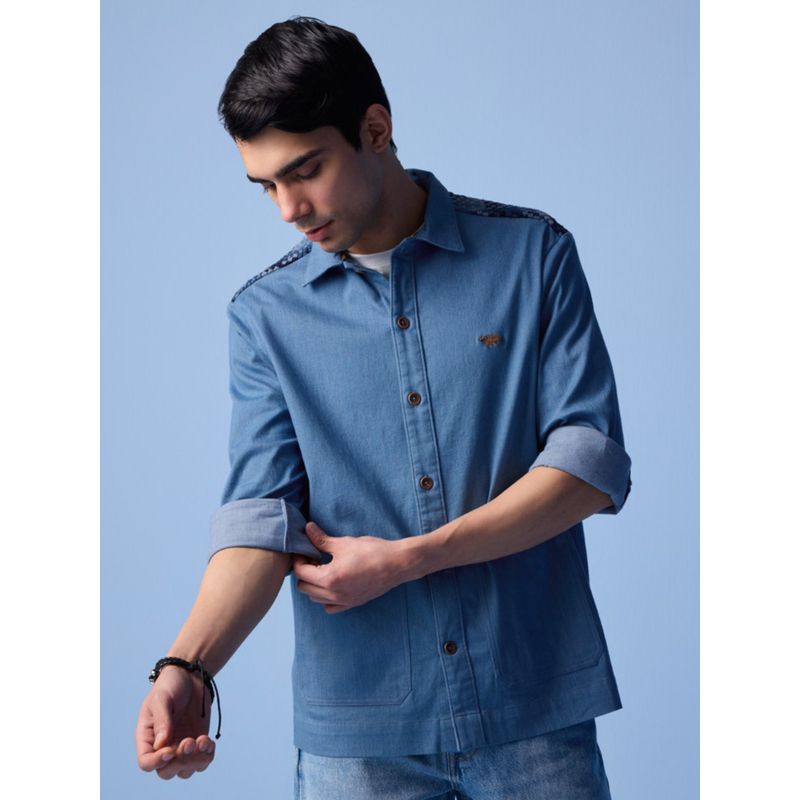 Andamen Regular Fit Indigo Blue Men Full Sleeve Hand Woven Patch Work shirt (S)