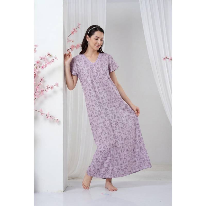 JULIANA DREAM Women Lavender Floral Cotton Nightdress (M)