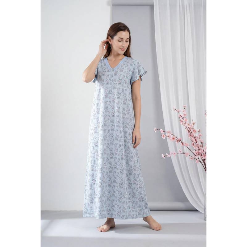 JULIANA DREAM Women Grey Floral Cotton Nightdress (M)