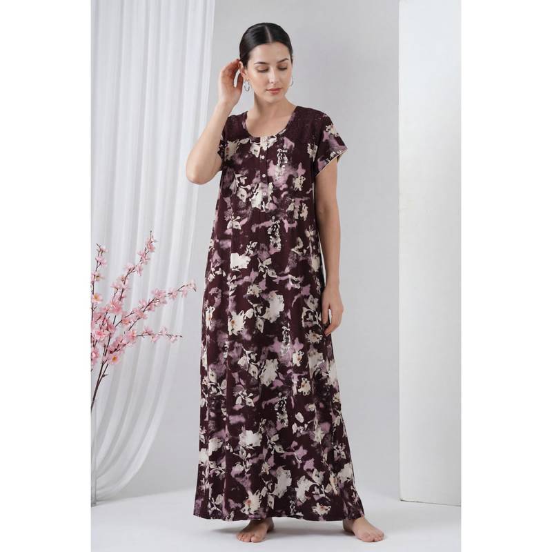 JULIANA DREAM Women Wine Floral Cotton Nightdress (M)
