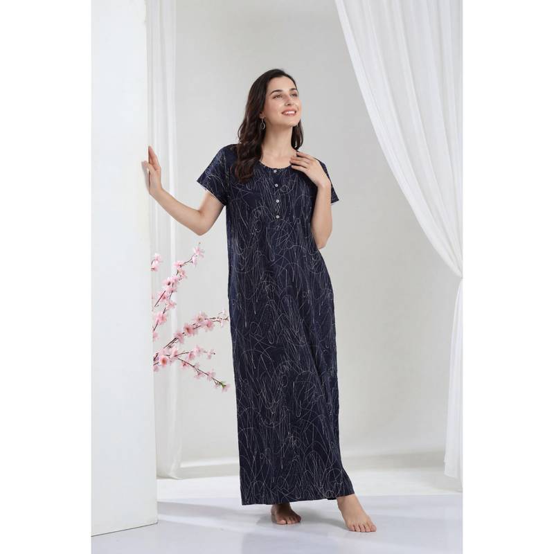 JULIANA DREAM Women Navy Blue Printed Cotton Nightdress (M)