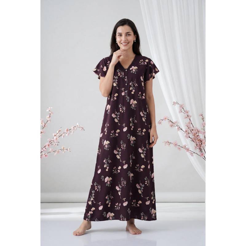 JULIANA DREAM Women Wine Floral Cotton Nightdress (M)