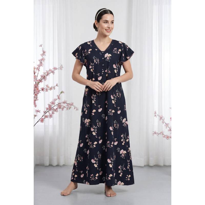 JULIANA DREAM Women Navy Blue Floral Cotton Nightdress (M)
