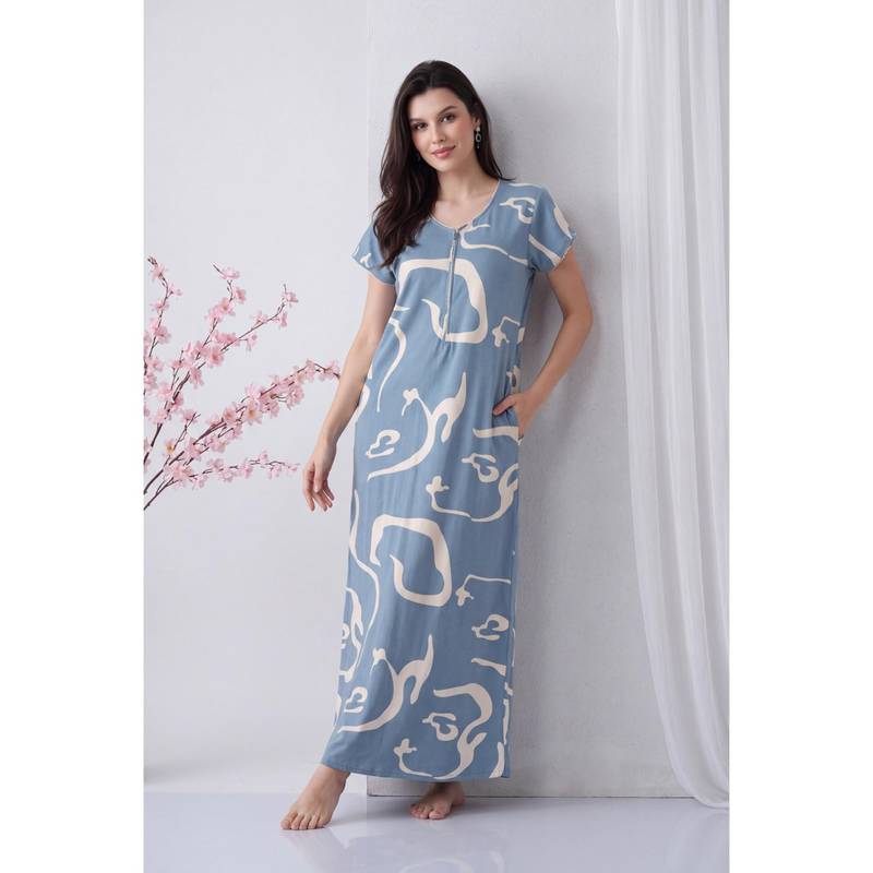 JULIANA DREAM Women Blue Printed Cotton Nightdress (M)