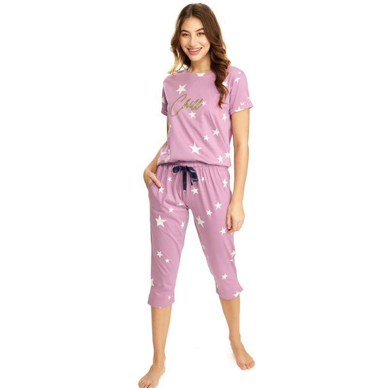 LOTIK Women Pink Printed Cotton T-Shirt with Capri (S)