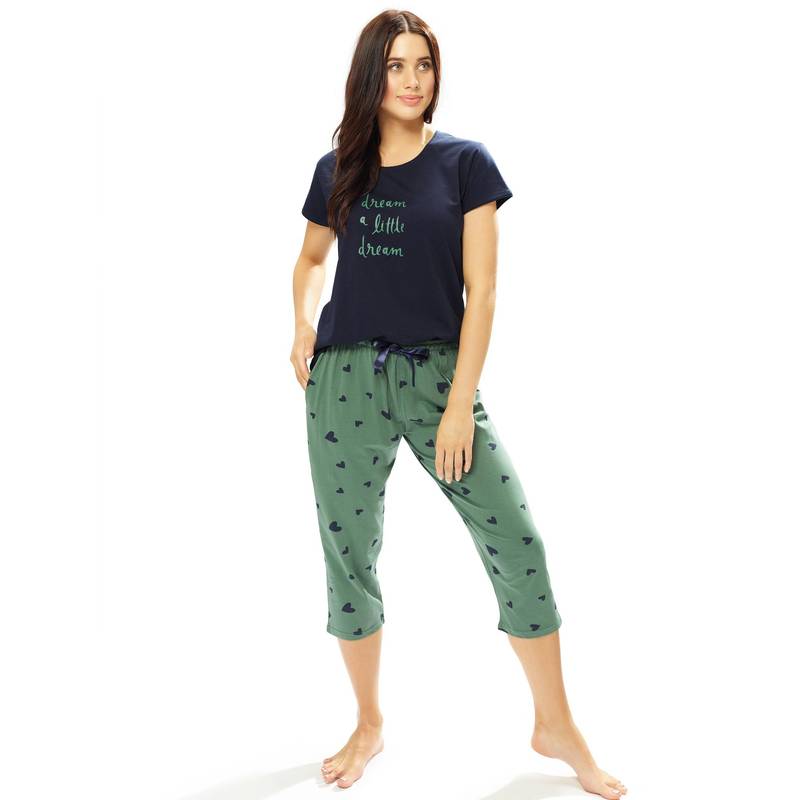 LOTIK Women Blue Printed Cotton T-Shirt with Capri (S)