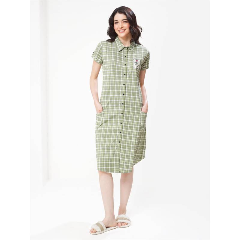 LOTIK Women Green Checks Cotton Shirtdress (M)