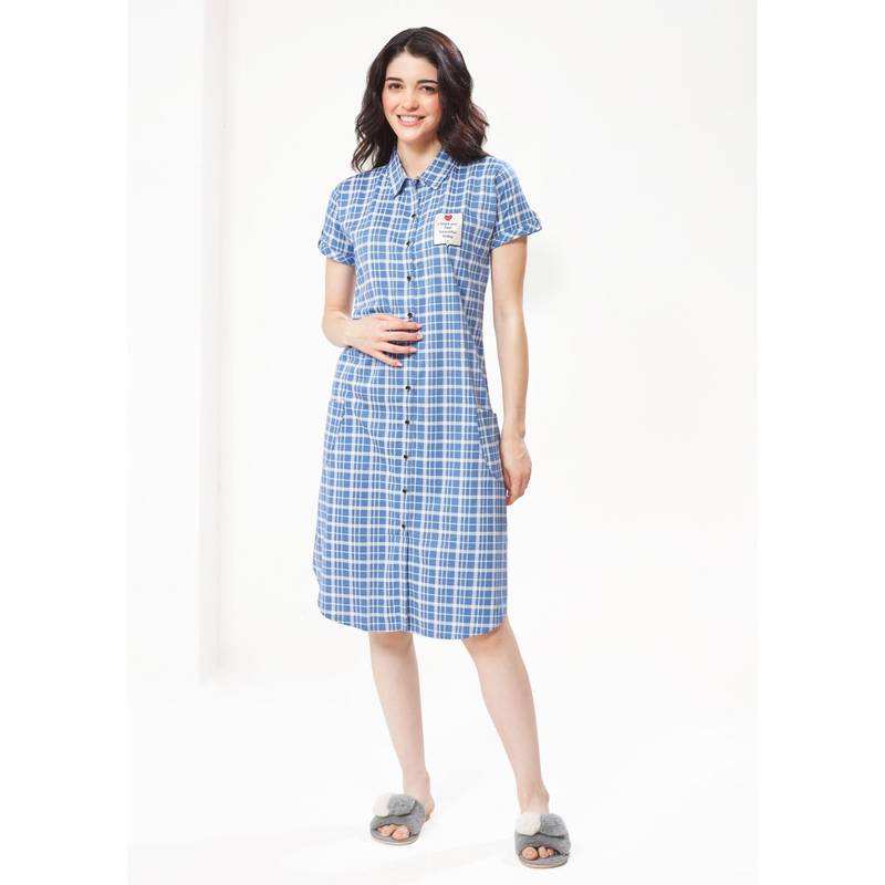 LOTIK Women Blue Checks Cotton Shirtdress (M)