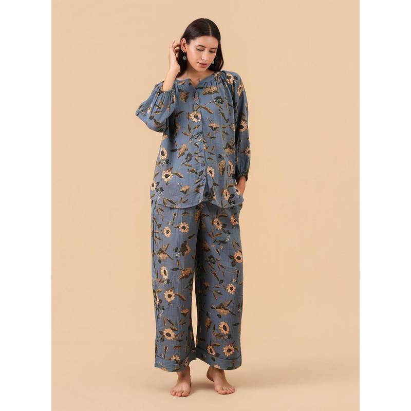 The Mom Store Women Grey Floral Cotton Top with Pyjama (M)