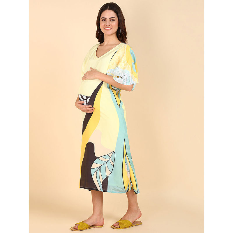 Zelena Women Polyester Half Sleeves Printed Maternity Feeding Dress with Zip (M)