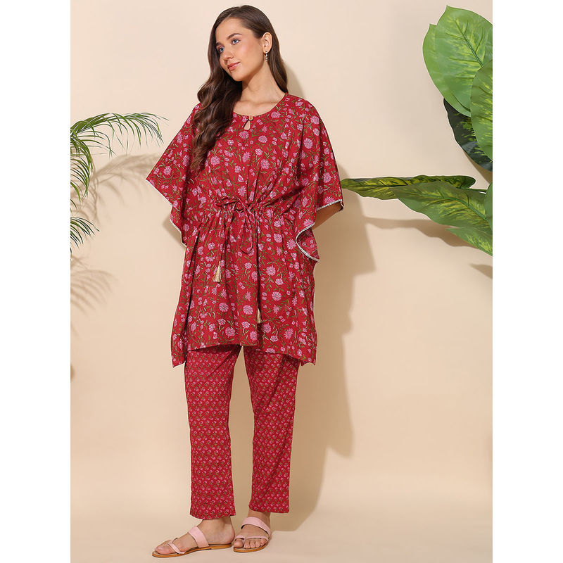 Zelena Women Half Sleeves Cotton Floral Printed Feeding Kaftan with Pants (Set of 2) (L)