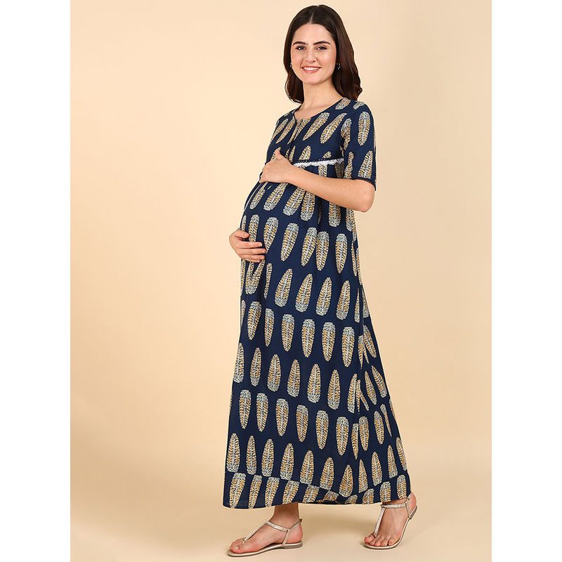 Zelena Women Cotton Half Sleeves Maternity Zipless Feeding Maxi Nighty (M)