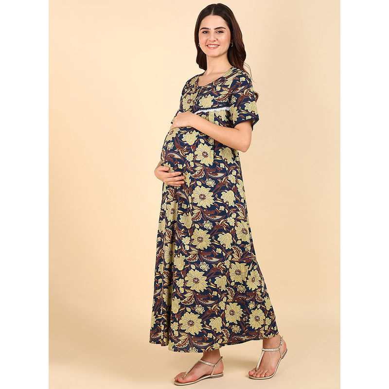 Zelena Women Cotton Half Sleeves Maternity Zipless Feeding Maxi Nighty (M)