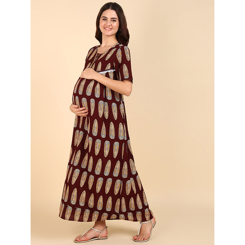 Zelena Women Cotton Half Sleeves Maternity Zipless Feeding Maxi Nighty (M)