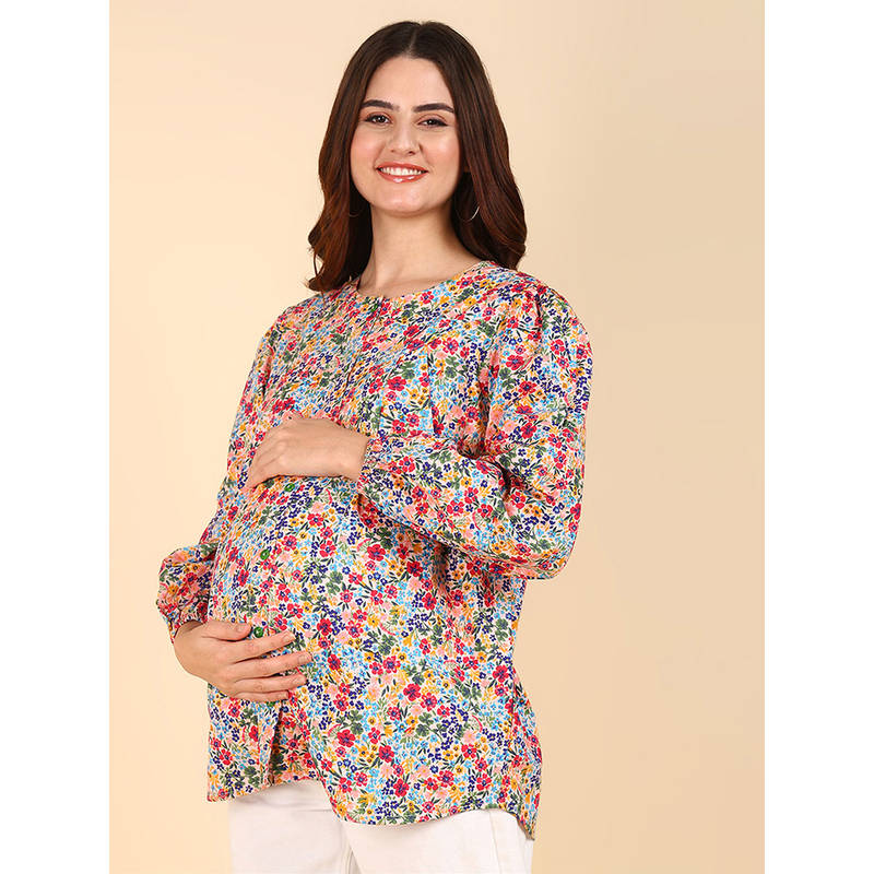 Zelena Women Cotton Full Sleeves Printed Maternity Zipless Feeding Top - Red (M)
