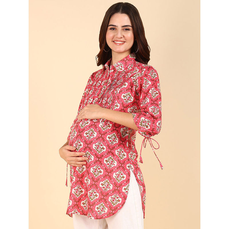 Zelena Women 100 Cotton Floral Printed Maternity Zipless Feeding Top (M)