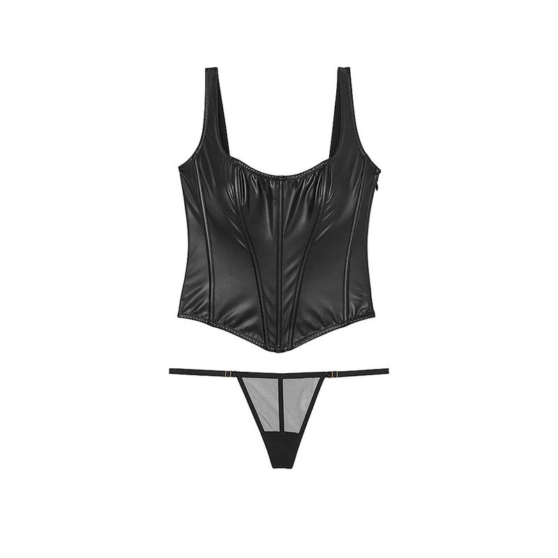 Victoria's Secret Black Very Sexy Classic Faux Leather Corset Top & Panty (Set of 2)