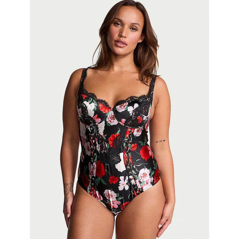 Victoria's Secret Black Very Sexy Atelier Noir Satin Lace-Trim Cupped Bodysuit (XL)