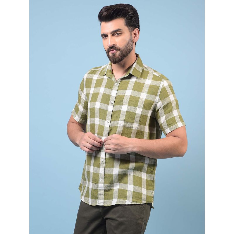 CRIMSOUNE CLUB Men Olive Checked Pure Linen Shirt (L)