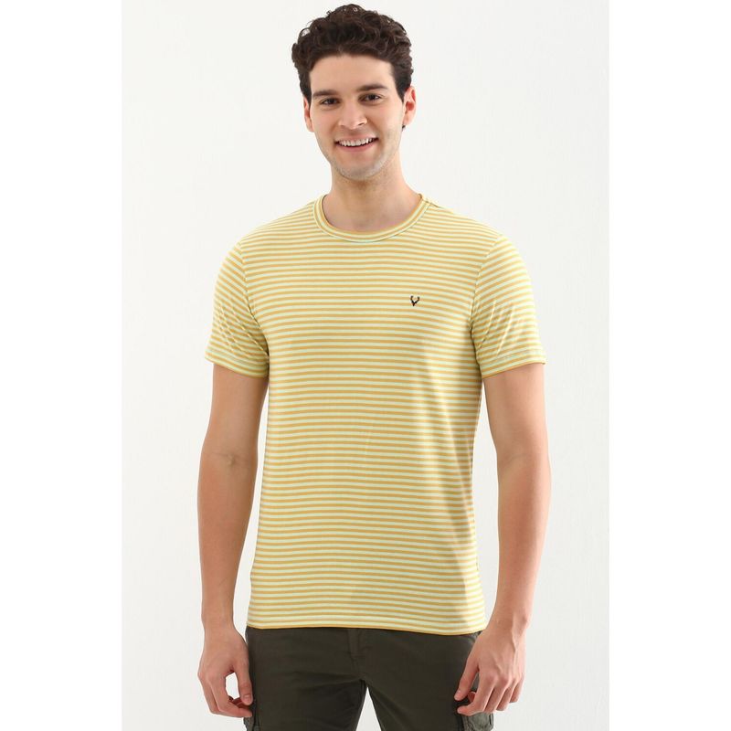 Allen Solly Men Yellow Stripe Crew Neck T-Shirt (L)