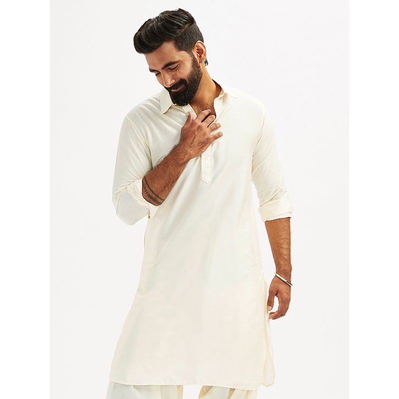 Vastramay Men Cream Solid Cotton Shirt Collar Pathani Kurta (XL)