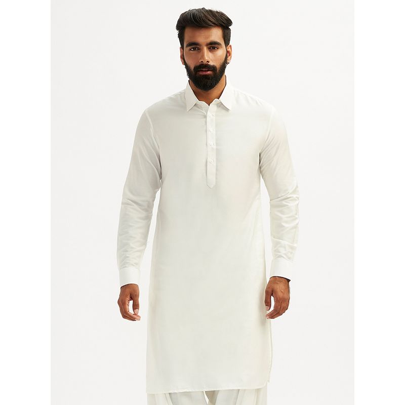 Vastramay Men White Solid Cotton Shirt Collar Pathani Kurta (M)