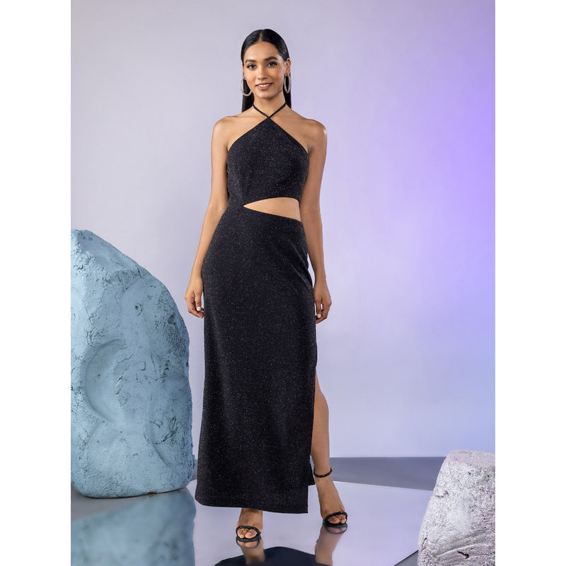Twenty Dresses by Nykaa Fashion Black Shimmer Halter Neck Sheath Maxi Dress (XS)