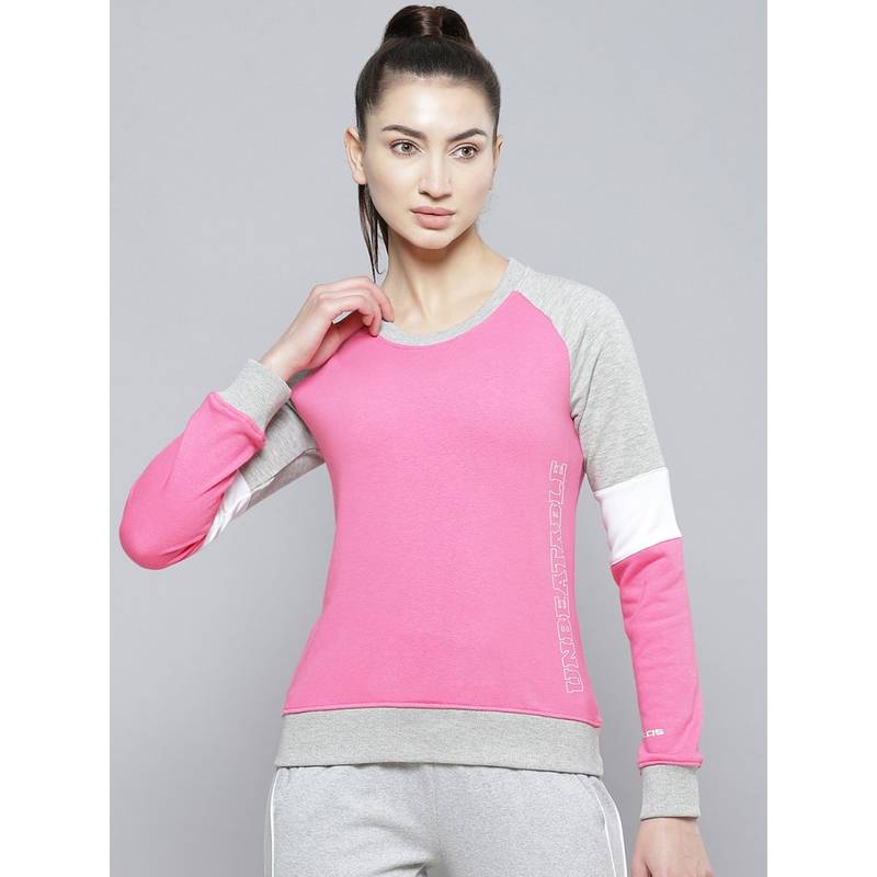 Alcis Women Pink Grey Melange Cotton Sweatshirt With Side Applique Prints (L)