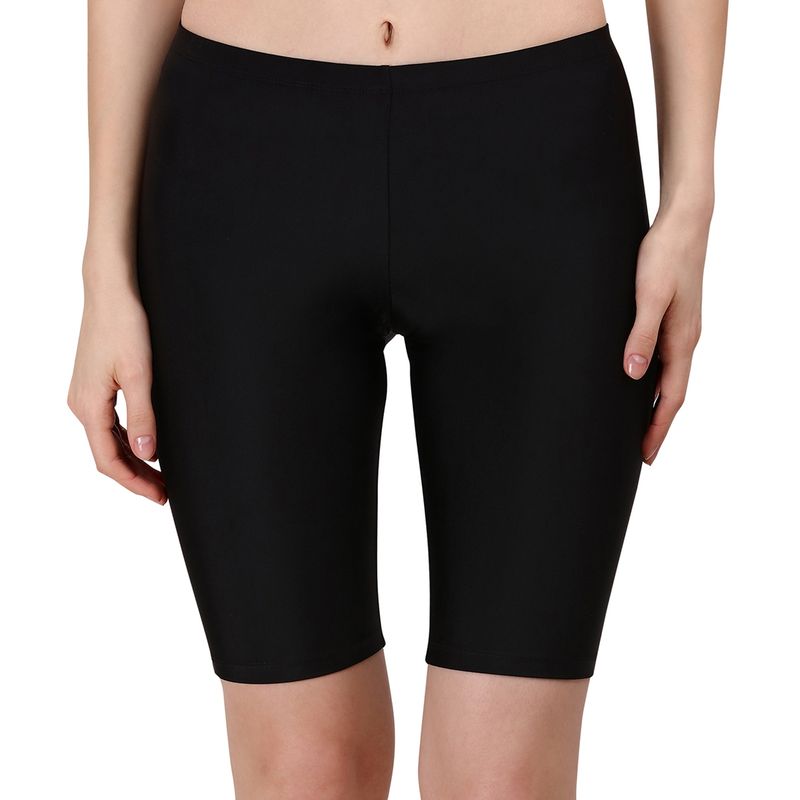 SOIE Mid Rise Soft Polyamide Spandex Knee Length Swimming/ Cycling Shorts-Black (M)