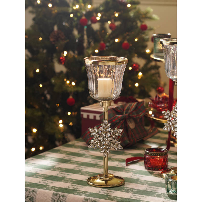Pure Home + Living Gold Metal Embellished Snowflake Hurricane Candle Holder (S)