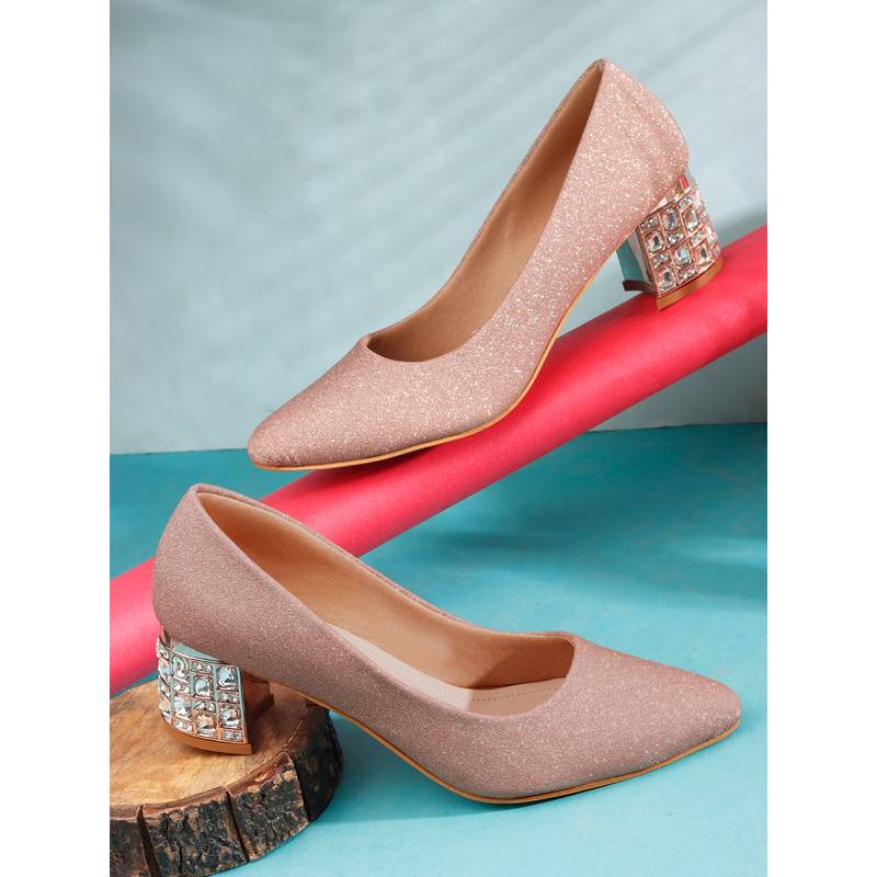 Dollphin Women Pink Glitter Pointed Toe Pump Block Heels (EURO 38)