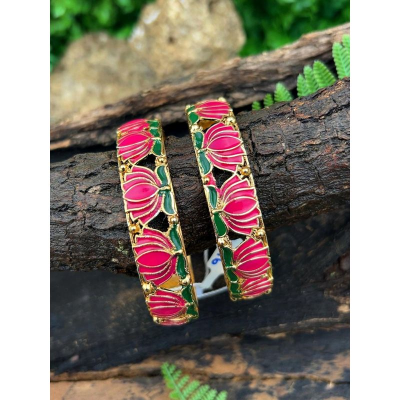 GRIIHAM Gold plated Meenakari Lotus 2 bangles (Pack of 2) (2.4)