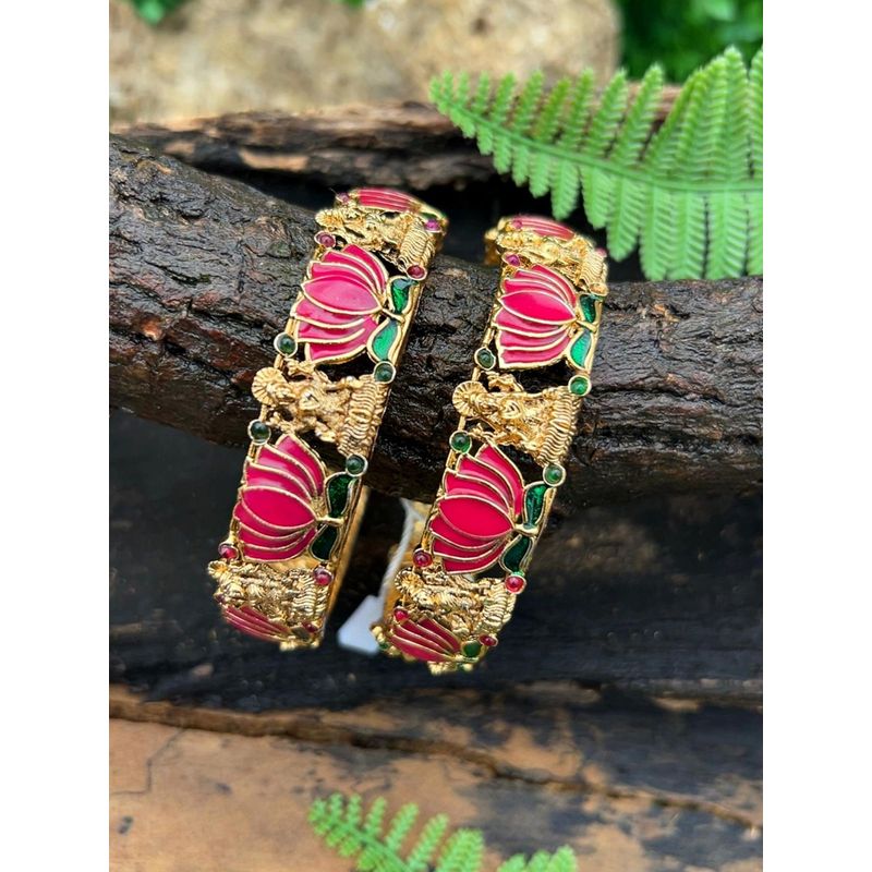 GRIIHAM Gold plated Meenakari Lotus 2 bangles Laxmi Lotus (Pack of 2) (2.6)
