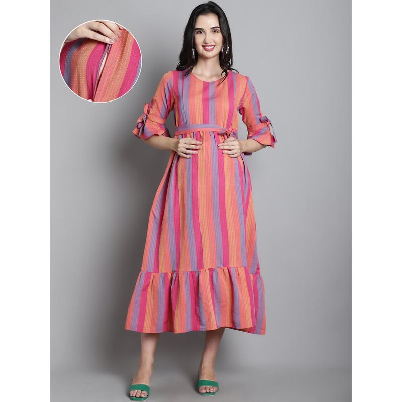 Moms Maternity Sustainable Cotton Pink Striped Maternity Maxi Dress with (2XL)
