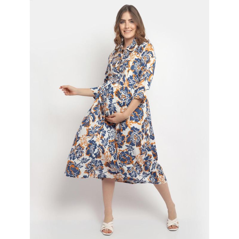 Fab Blue Printed Maternity Dress For Women