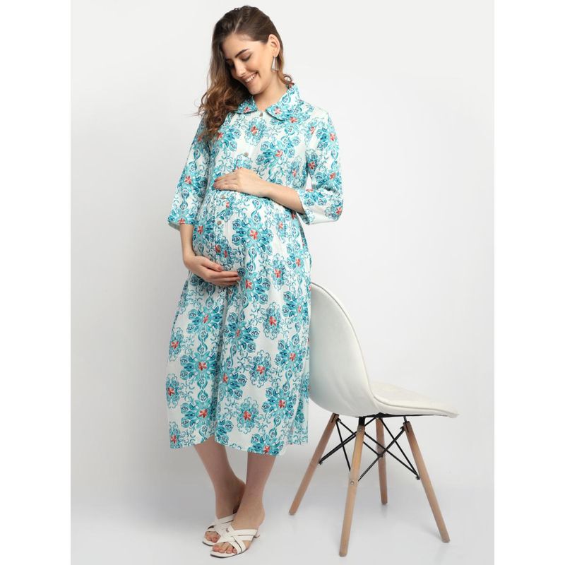 Moms Maternity Womens Maternity Rayon Floral Print Blue Midi Dress (L)