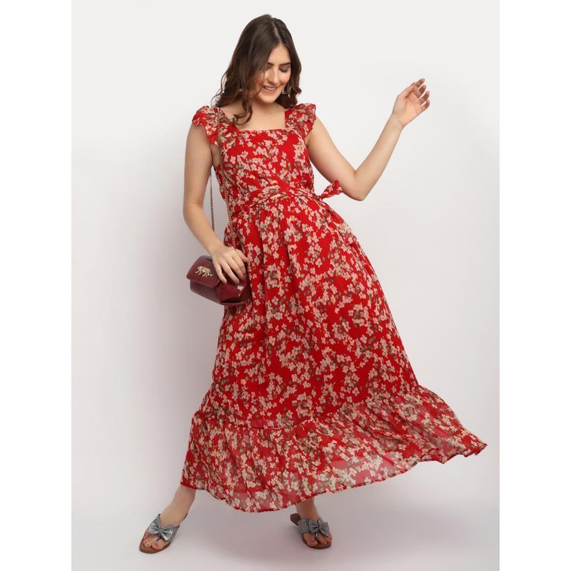 Moms Maternity Womens Maternity Georgette Floral Print Red Maxi Dress with Belt (Set of 2) (L)