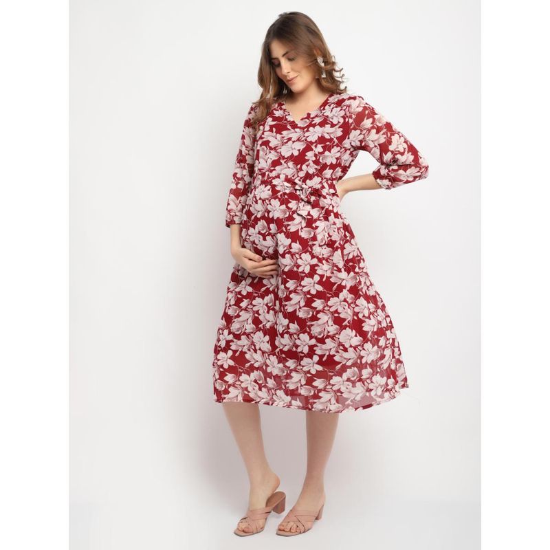 Moms Maternity Womens Maternity Georgette Floral Print Maroon Midi Dress with Belt (Set of 2) (2XL)