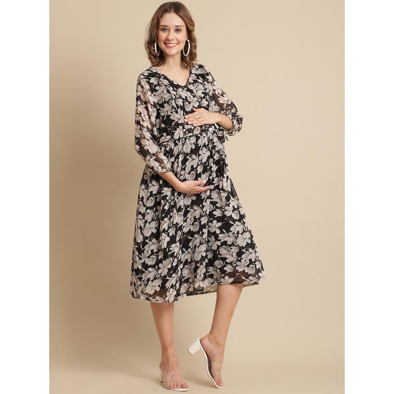Moms Maternity Womens Maternity Georgette Floral Print Black Midi Dress with Belt (Set of 2) (2XL)