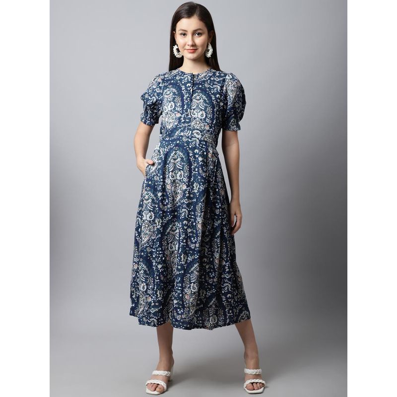 Moms Maternity Womens Maternity Rayon Paisly Print Teal Blue Midi Dress (XL)