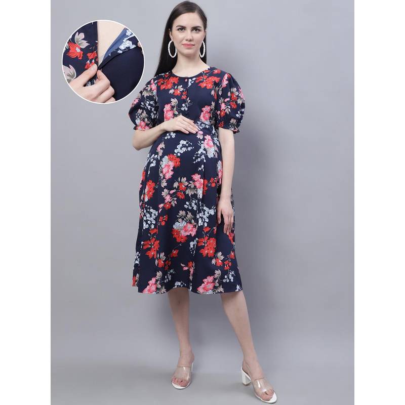 Moms Maternity Womens Maternity Crepe Floral Print Navy Blue Midi Dress (XL)