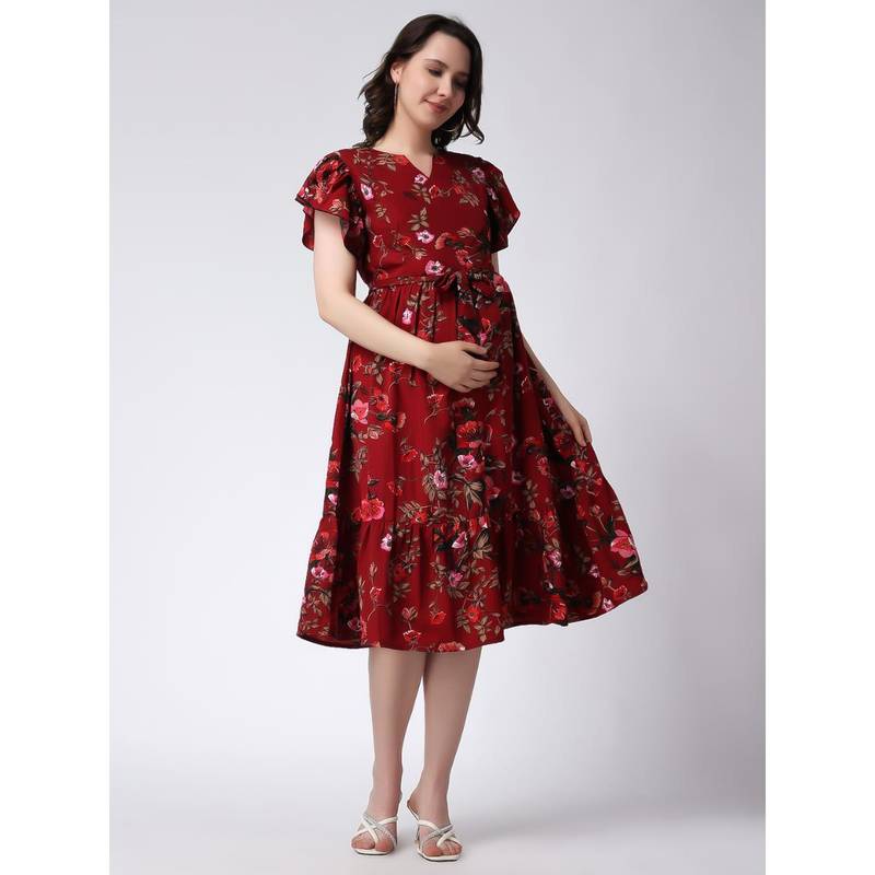 Moms Maternity Womens Floral Print Red Midi Dress with Belt (Set of 2) (M)