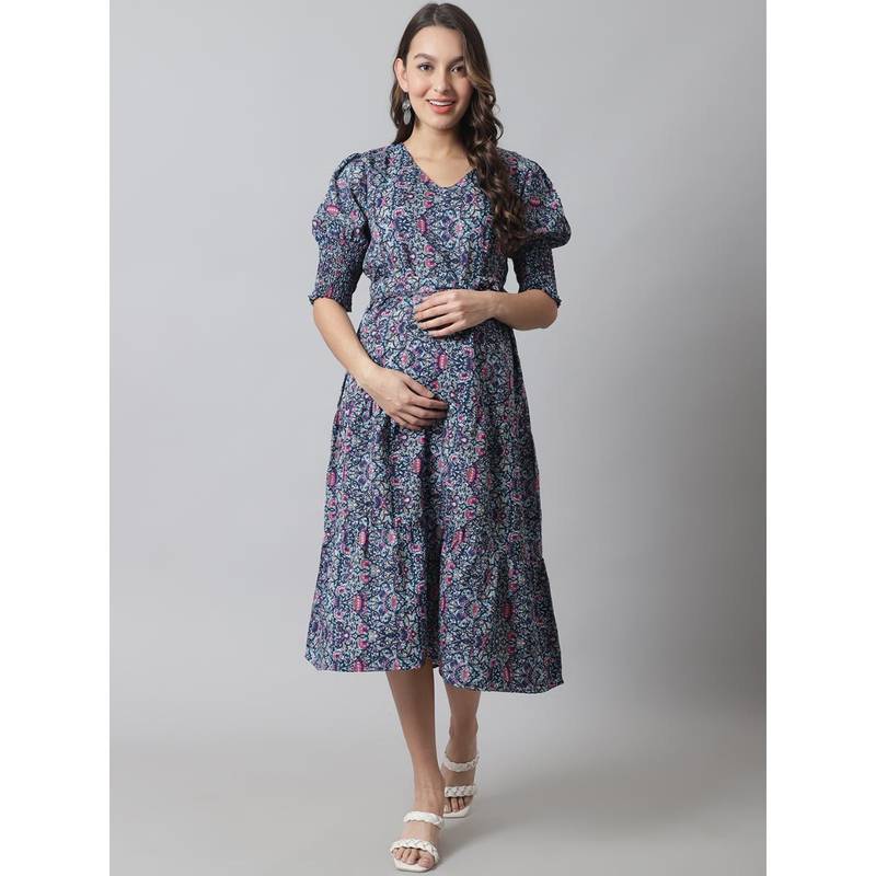Moms Maternity Womens Maternity Crepe Sky Blue Floral Midi Dress with Belt (Set of 2) (M)