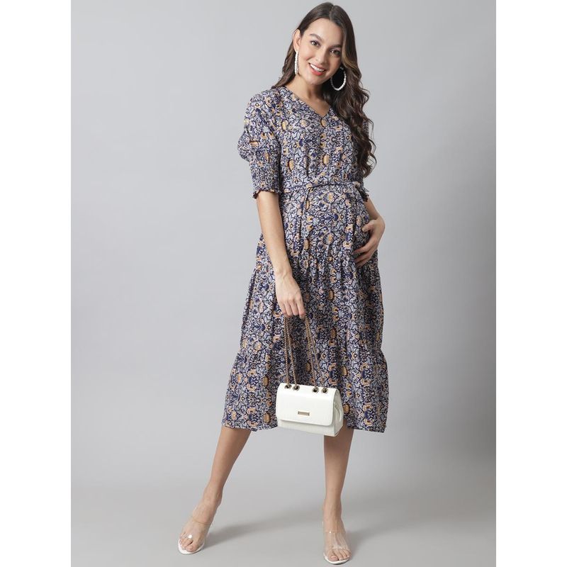 Moms Maternity Womens Maternity Crepe Navy Blue Floral Midi Dress with Belt (Set of 2) (M)